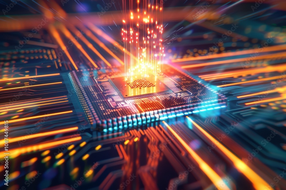 Poster a glowing computer chip illuminates its surroundings, emphasizing its sophisticated structure and te