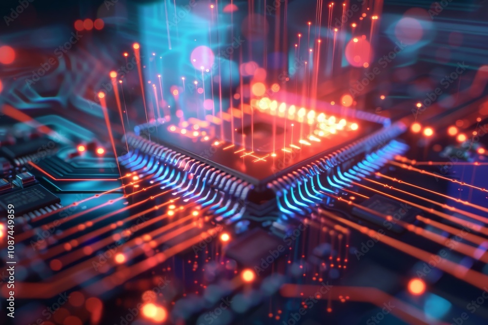 Poster a glowing computer chip illuminates its surroundings, emphasizing its sophisticated structure and te