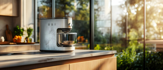 A modern kitchen setup featuring a stylish food processor on a counter with sunlight streaming in through the window.