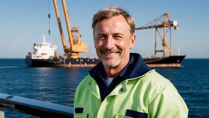 Friendly Middle-Aged European Male Worker Standing by the Water with a Large Crane and Ship in the Background, Smiling and Enjoying a Sunny Day at the Port