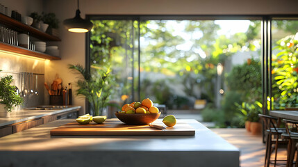 A modern kitchen with a bowl of fresh fruits, surrounded by greenery and natural light, inviting a healthy lifestyle.