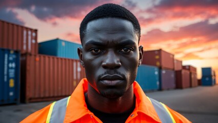Young African Male Crew Member with Focused Expression in Front of Shipping Containers during Sunset, Exuding Determination and Professionalism