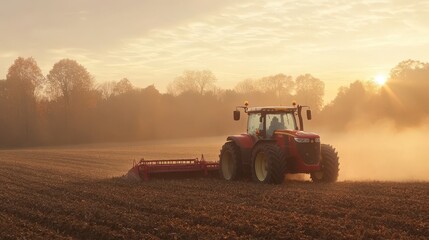 Obraz premium Tractor Working a Field at Sunrise