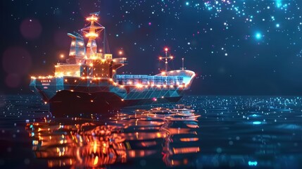 A cargo ship sails through a digital sea of data under a night sky filled with glowing particles.