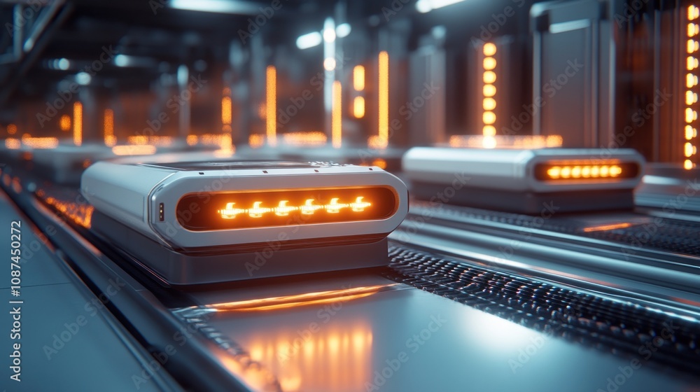 Poster Futuristic Automated Production Line System Transporting Units