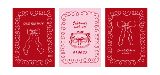 Set of wedding greeting card and invitation templates with quirky frames. Vector illustration of hand drawn vintage cake with and bows in coquette aesthetic