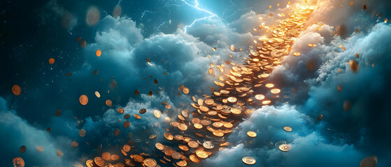 Fototapeta premium A mystical scene of golden coins floating through dark clouds under a dramatic sky, symbolizing wealth and dreams.