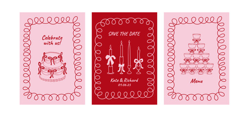 Set of wedding greeting card and invitation templates. Vector illustration of hand drawn quirky cake with ribbons, candles and champagne tower with whimsical frame