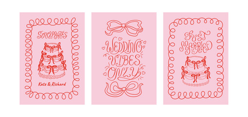 Set of wedding greeting cards and invitation templates with elegant lettering, cakes and bows. Vector illustration of hand drawn calligraphy quote wedding vibes only and quirky frames