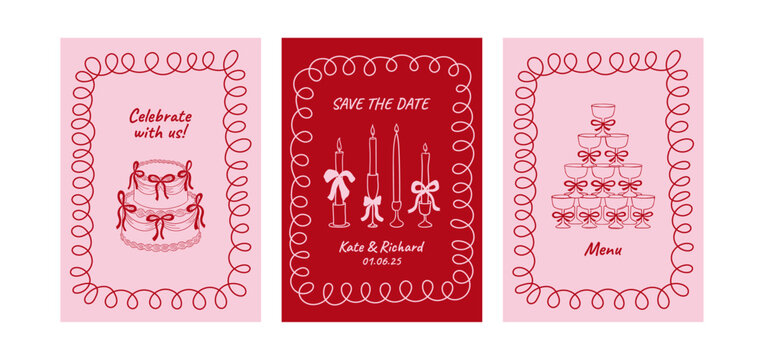 Set of wedding greeting card and invitation templates. Vector illustration of hand drawn quirky cake with ribbons, candles and champagne tower with whimsical frame