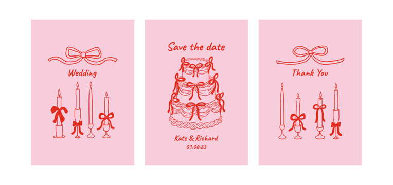 Set of wedding greeting cards and invitation templates. Vector illustration of hand drawn quirky cake, bows and candles in retro coquette aesthetic