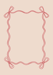Wavy frame with bows. Vector outline illustration in vintage coquette aesthetic. Greeting card template with hand drawn ribbons. Holiday clipart in retro sketch style