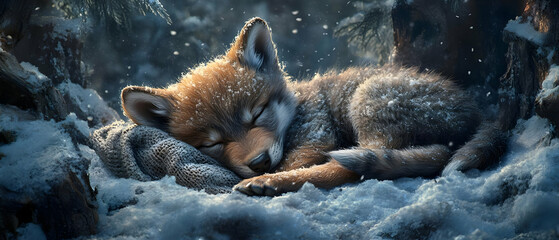 Obraz premium A peaceful wolf pup sleeps soundly on a snowy ground, surrounded by serene winter landscape.