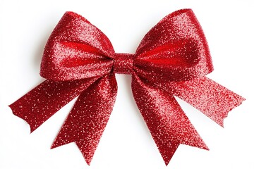 Red glittery bow on white background