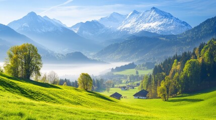view of the oberstdorf mountains with nebelhorn and hoefats on a sunny day in spring. allgaeu alps, bavaria, germany, europe 