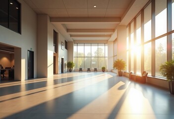 A modern lobby features floor to ceiling windows allowing sunlight to flood the space. Simple seating arrangements and greenery enhance the welcoming atmosphere during the golden hour of the day.