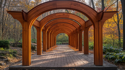 Majestic wooden archways in forested pathway during autumn