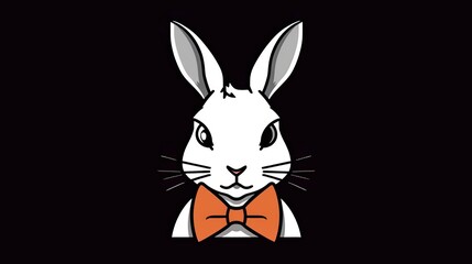 Fototapeta premium A stylish white rabbit with an orange bow tie against a black background. A minimalist design with clean lines and striking contrast.