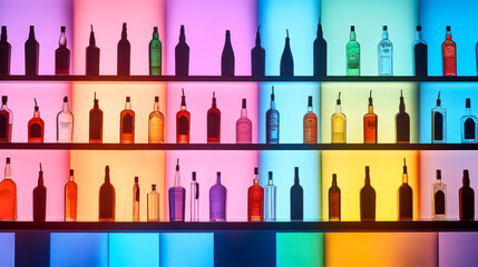 Great choice of liquor bottles on shelves in a bar, vibrant multi-colored lighting