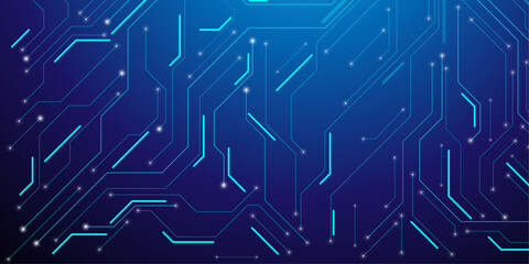 Technology lines circuit and dots on blue background, circuit board network connection. Technology background with a circuit board with light lines, and electronic elements.