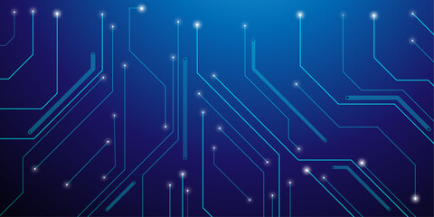 Glowing light blue neon AI chip with thin circuit contact lines. Technology background with a circuit board with light lines, and electronic elements. Digital motherboard. Vector illustration