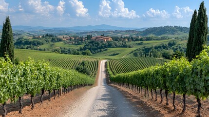 Fototapeta premium Scenic vineyard landscape with a gravel road and distant hills under a blue sky.