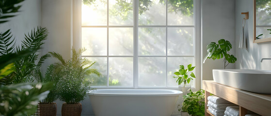 A serene bathroom with natural light, greenery, and a relaxing ambiance for mindfulness and tranquility.