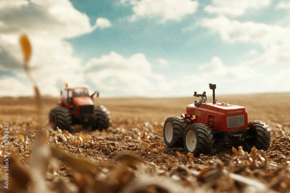 Aufkleber Robotic machines operate efficiently, planting or harvesting crops across a vast field with a clear sky above. Generative AI