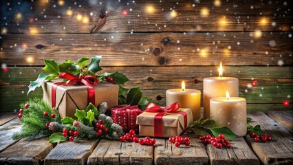 Wrapped gifts with red ribbons and holly nestled among burning candles on a rustic wooden table with a snowy background.