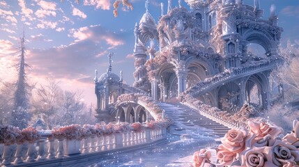 Winter marble stairs and arches with flower and leaves garlands, fantasy fairy palace, heaven stone stair with floral decorations, fairytale princess castle interior, AI generated image
