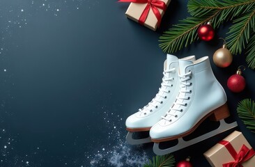 White ice skates surrounded by Christmas decorations on a dark blue background with copy space. Winter holiday and festive season concept. Design for greeting card, banner, invitation, or poster