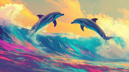 A beautiful landscape scene with colorful water waves and dolphins.