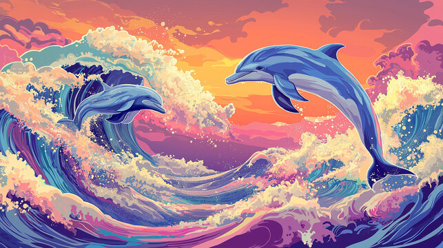 A beautiful landscape scene with colorful water waves and dolphins.
