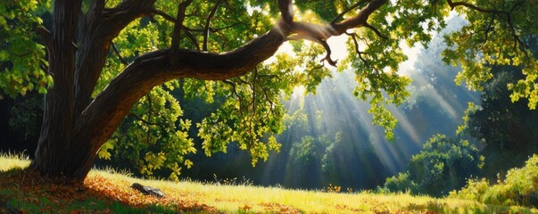Dappled Sunlight Through Leaves in a Tranquil Forest