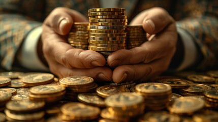 Caucasian male hands holding stack of gold coins in richly lit scene