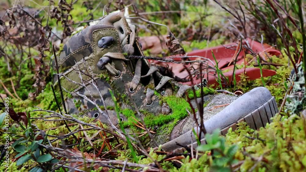 Wall mural pile of trash left in a forest clearing, illustrating the problem of littering and environmental pol