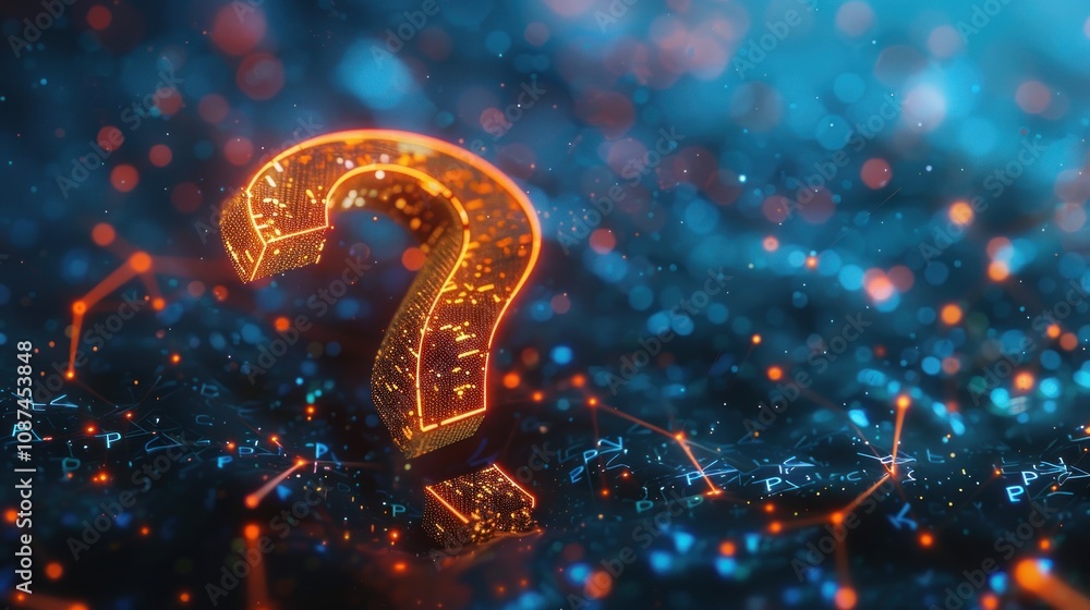 Poster a glowing question mark on a dark blue background with a network of glowing lines.