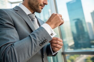 Fototapeta premium A man in a suit is adjusting his cufflinks while standing in a bright office space.