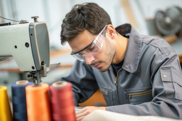 A skilled worker diligently operates a sewing machine, surrounded by colorful spools of thread.