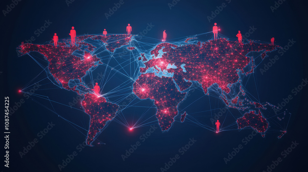 Poster a map of the world with connecting lines between different countries, and small people on it represe
