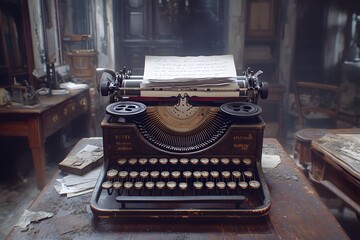 An antique typewriter sits on a dusty table with a handwritten letter, evoking nostalgia.
