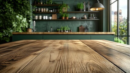 Rustic Wooden Tabletop with Blurred Green Kitchen Background
