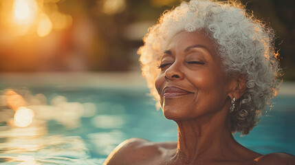 A closeup of a mature African American woman sitting by the pool, laughing and enjoying the company of her friends and family, with a warm filter adding to the joyful holiday vibe