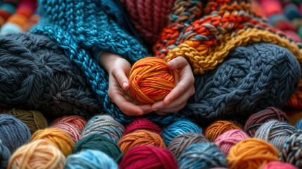 Asian young female holding colorful yarn ball in knitted blanket surrounded by yarn