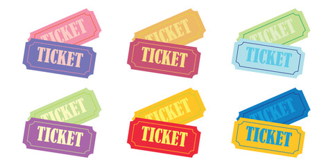 Flat vector illustration set of color cinema tickets, tickets for movie premiere, film festival, theater, show, concert, performance concept.