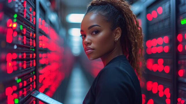 Female technician tests cables in a server room at night for optimal performance