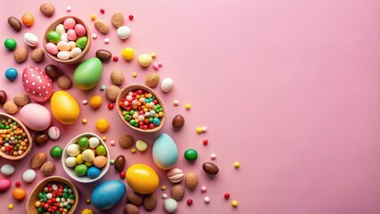 Obraz premium A cheerful assortment of brightly colored Easter eggs and candies on a pink background, perfect for a festive celebration.