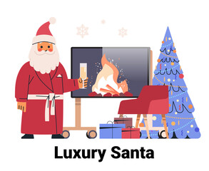 Fototapeta premium Santa Claus celebrating luxury Christmas scene with champagne beside digital fireplace and decorated tree gifts cozy chair festive atmosphere