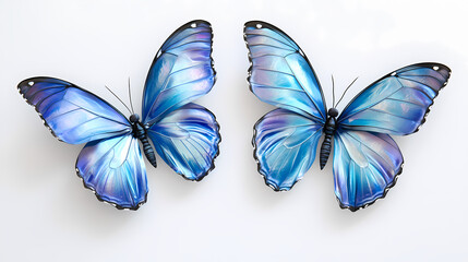 Two morpho blue butterflies isolated on white background, one with wings open and one with wings closed, showcasing the vibrant blue iridescent wings. Iridescent Butterfly Wings. Illustration