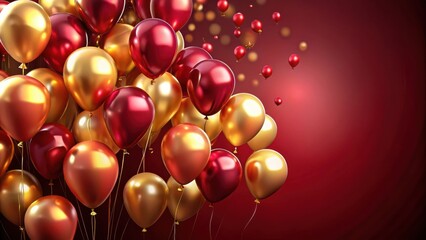 A cluster of shiny red and gold balloons against a vibrant burgundy backdrop, creating a festive and celebratory ambiance.